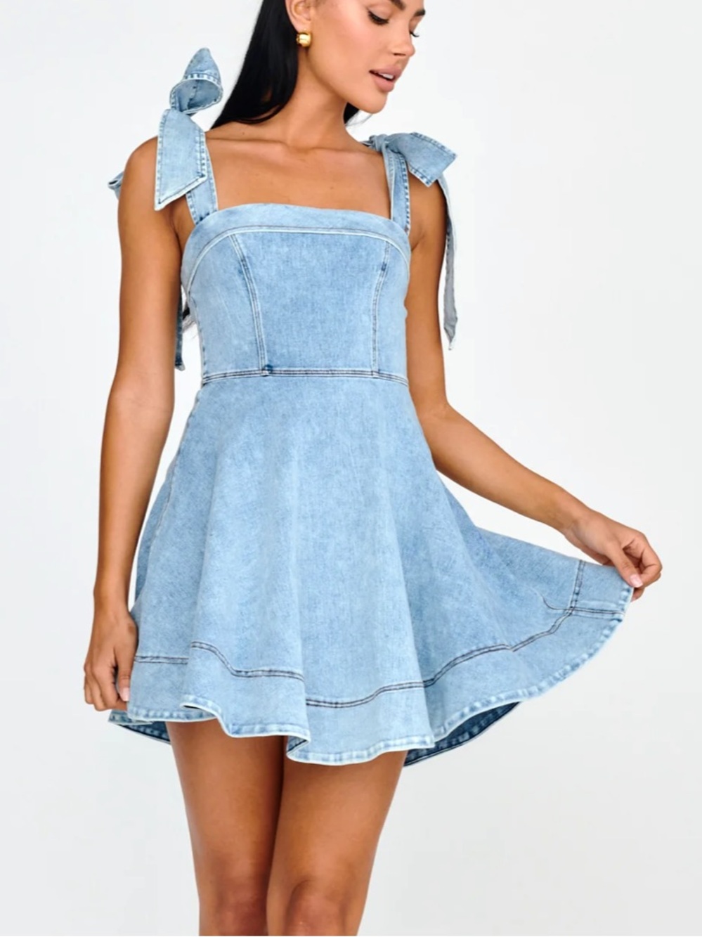Selfie Leslie Light Blue Denim Tie-Shoulder Fit & Flare Dress